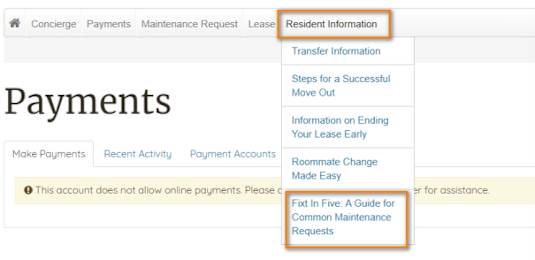 A screenshot of a webpage with a navigation menu including options like Concierge, Payments, and Maintenance Request.