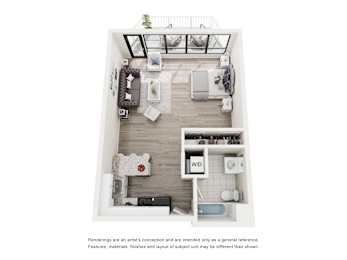 A top-down view of a small apartment with a kitchenette, living room, and bathroom.