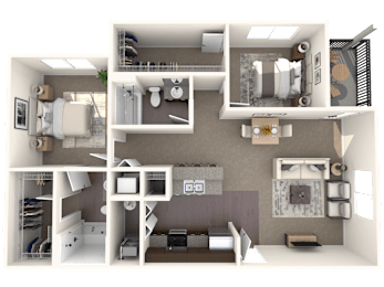 Floor Plan  A 3D floor plan of a house showing a kitchen, living room, and two bedrooms.
