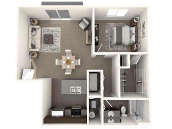Floor Plan  A 3D floor plan of a small apartment with a living room, kitchen, and bathroom.