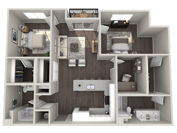 a 3d rendering of a floor plan with a bedroom and a living room