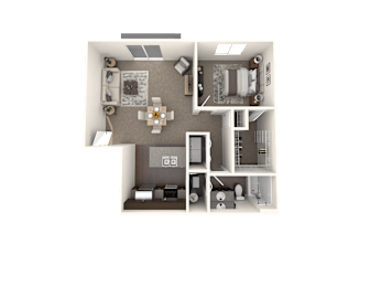 A 3D floor plan of a house with a kitchen, living room, and two bedrooms.