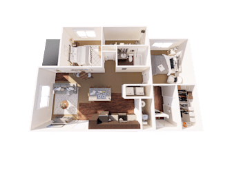 A 3D floor plan of a house with a living room, kitchen, and two bedrooms.