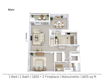 3D floor plan of a 1-bed, 1-bath Maisonette with two fireplaces, furniture layout, and room flow. 1,825 sq. ft.
