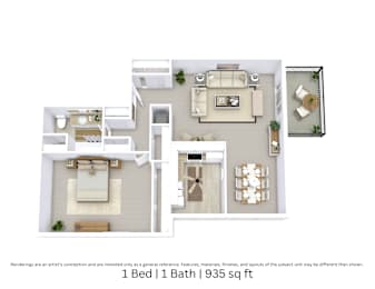 3D floor plan of a 1-bed, 1-bath apartment with furniture layout and room flow. 935 sq. ft.