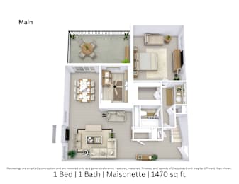 3D floor plan of a 1-bed, 1-bath Maisonette with furniture layout and room flow. 1,470 sq. ft.