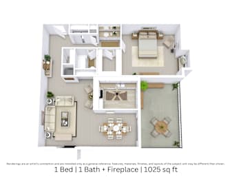 3D floor plan of a 1-bed, 1-bath Layout B with fireplace, furniture layout, and room flow. 1,025 sq. ft.