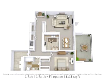 3D floor plan of a 1-bed, 1-bath Layout A with fireplace, furniture layout, and room flow. 1,111 sq. ft.