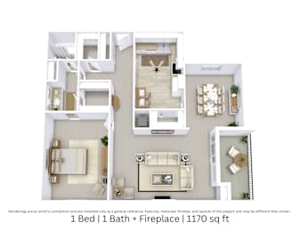 3D floor plan of a 1-bed, 1-bath apartment with fireplace, furniture layout, and room flow. 1,170 sq. ft.