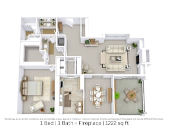3D floor plan of a 1-bed, 1-bath apartment with fireplace, furniture layout, and room flow. 1,222 sq. ft.