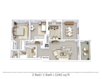 3D floor plan of a 2-bed, 1-bath apartment with furniture layout, room flow, and living space. 1,240 sq. ft.