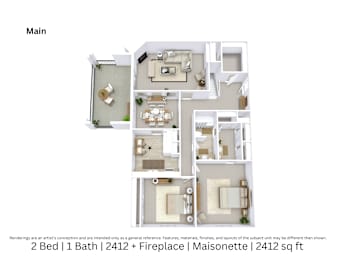 3D floor plan of a 2-bed, 1-bath Maisonette with fireplace, furniture layout, and open living space. 2,412 sq. ft.
