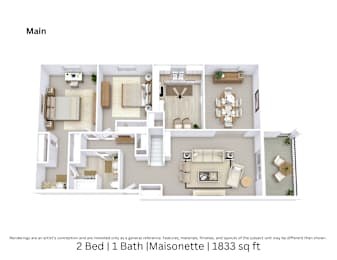3D floor plan of a 2-bed, 1-bath Maisonette with furniture layout, room flow, and living space. 1,833 sq. ft.