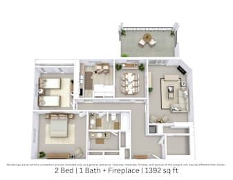3D floor plan of a 2-bed, 1-bath apartment with fireplace, furniture layout, and room flow. 1,392 sq. ft.