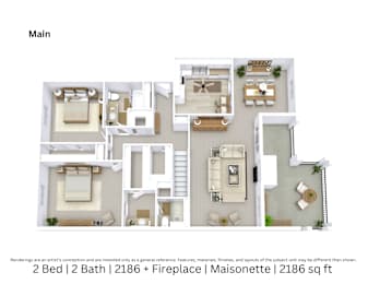 3D floor plan of a 2-bed, 2-bath Maisonette with fireplace, furniture layout, and room flow. 2,186 sq. ft.