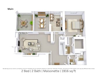 3D floor plan of a 2-bed, 2-bath Maisonette with furniture layout, room flow, and open living space. 1,916 sq. ft.