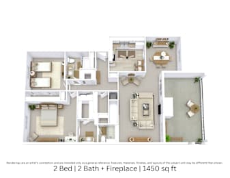 3D floor plan of a 2-bed, 2-bath apartment with fireplace, furniture layout, and room flow. 1,450 sq. ft.