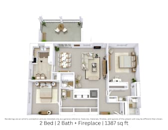 3D floor plan of a 2-bed, 2-bath apartment with fireplace, furniture, and room flow. 1,387 sq. ft.