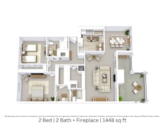3D floor plan of a 2-bed, 2-bath apartment with fireplace, furniture layout, and room flow. 1,448 sq. ft.