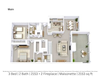 3D floor plan of a 3-bed, 2-bath Maisonette with two fireplaces, furniture layout, and room flow. 2,153 sq. ft.