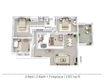 3D floor plan of a 3-bed, 2-bath apartment with fireplace, furniture layout, and room flow. 1,757 sq. ft.