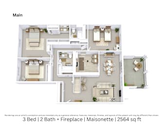 3D floor plan of a 3-bed, 2-bath Maisonette with fireplace, furniture layout, and open living space. 2,564 sq. ft.