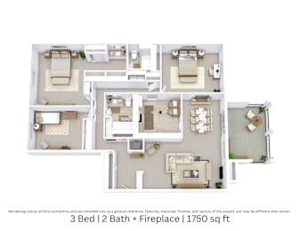 3D floor plan of a 3-bed, 2-bath apartment with fireplace, furniture layout, and room flow. 1,750 sq. ft.