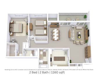 3D floor plan of a 2-bedroom, 2-bathroom apartment at approximately 1160 sq. ft with spacious layout design.