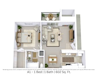 3D floor plan with furniture and layout for a 1 bed, 1 bath home. Approx. 602 sq. ft.