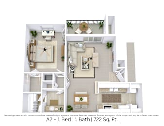 3D floor plan showing interior layout and furniture for a 1 bed, 1 bath. Approx. 722 sq. ft.
