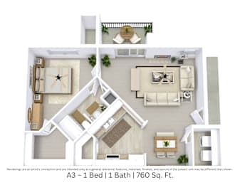 3D floor plan with furniture layout and flow for a 1 bed, 1 bath. Approx. 760 sq. ft.