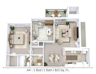 3D floor plan with overhead view and furniture for a 1 bed, 1 bath. Approx. 821 sq. ft.