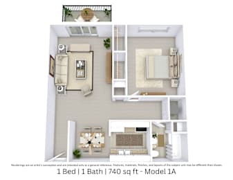 3D floor plan with furniture and layout for a 1 bed, 1 bath home. Approx. 740 sq. ft.