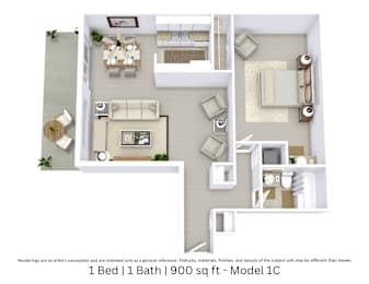 3D floor plan with furniture and layout for a 1 bed, 1 bath home. Approx. 900 sq. ft.