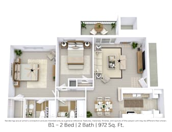 3D floor plan for B1 unit showing furniture and flow. 2 beds, 2 baths. Approx. 972 sq. ft.