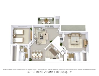 3D floor plan of a 2 bed, 2 bath unit showing open furniture flow. Approx. 1,018 sq. ft.