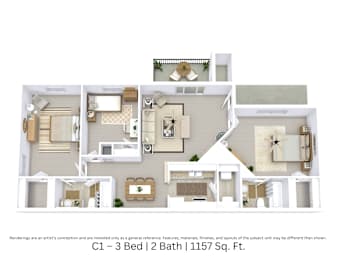 A 3D-floor plan view showing room arrangement and furniture layout in a 3-bedroom, 2-bath apartment at 1,157 Sq. Ft.