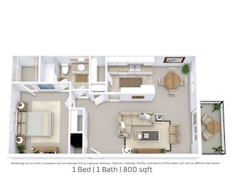3D floor plan with angled view, room layout, furniture placement, 1 bedroom, 1 bath, 800 Sq. Ft.