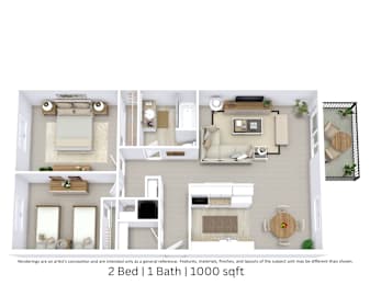 3D floor plan with angled view, room layout, furniture placement, 2 bedrooms, 1 bath, 1000 Sq. Ft.