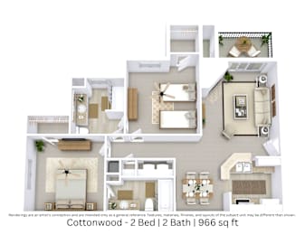 This is a 3D-floor plan providing a detailed, angled view of the space with room layouts, furniture placement, and spatial flow. Features 2 bedrooms, 2 bathrooms, and approximately 966 Sq. Ft.