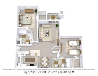 This is a 3D-floor plan providing a detailed, angled view of the space with room layouts, furniture placement, and spatial flow. Features 2 bedrooms, 2 bathrooms, and approximately 1,049 Sq. Ft.