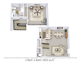 This is a 3D-floor plan providing a detailed, angled view of the space with room layouts, furniture placement, and spatial flow. Features 1 bedrooms, 1 bathrooms, and approximately 800 Sq. Ft.