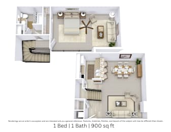 This is a 3D-floor plan providing a detailed, angled view of the space with room layouts, furniture placement, and spatial flow. Features 1 bedrooms, 1 bathrooms, and approximately 900 Sq. Ft.