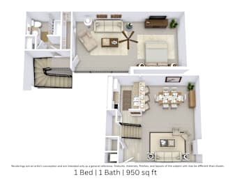 This is a 3D-floor plan providing a detailed, angled view of the space with room layouts, furniture placement, and spatial flow. Features 1 bedrooms, 1 bathrooms, and approximately 950 Sq. Ft.