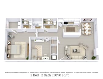 This is a 3D-floor plan providing a detailed, angled view of the space with room layouts, furniture placement, and spatial flow. Features 2 bedrooms, 2 bathrooms, and approximately 1,050 Sq. Ft.