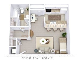 This is a 3D-floor plan providing a detailed, angled view of the space with room layouts, furniture placement, and spatial flow. Features a Studio, 1 bathrooms, and approximately 600 Sq. Ft.