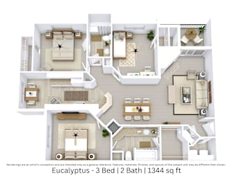 This is a 3D-floor plan providing a detailed, angled view of the space with room layouts, furniture placement, and spatial flow. Features 3 bedrooms, 2 bathrooms, and approximately 1,344 Sq. Ft.
