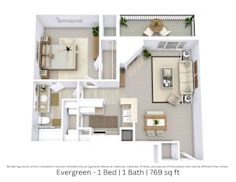 This is a 3D-floor plan providing a detailed, angled view of the space with room layouts, furniture placement, and spatial flow. Features 1 bedroom, 1 bathroom, and approximately 769 Sq. Ft.