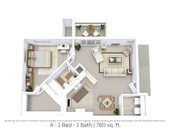 3D floor plan of the A layout with 1 bedroom, 1 bathroom, and approximately 760 sq ft.