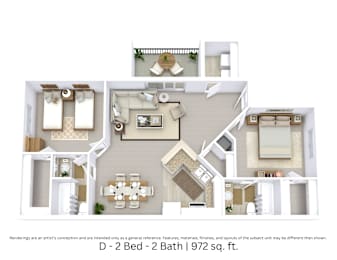 3D floor plan of the D layout with 2 bedrooms, 2 bathrooms, and approximately 972 sq ft.